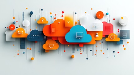 Colorful abstract cloud computing illustration with icons representing data and connectivity