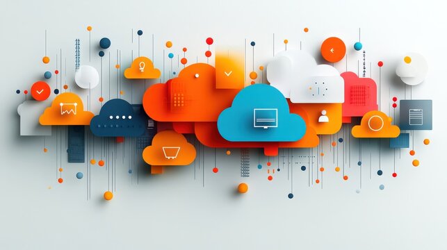 Colorful abstract cloud computing illustration with icons representing data and connectivity