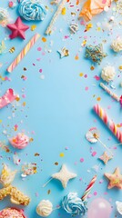 Delightful pastel-colored candy, sprinkles, and party decorations create a vibrant and festive frame on a light blue background, perfect for birthday or celebration themes.