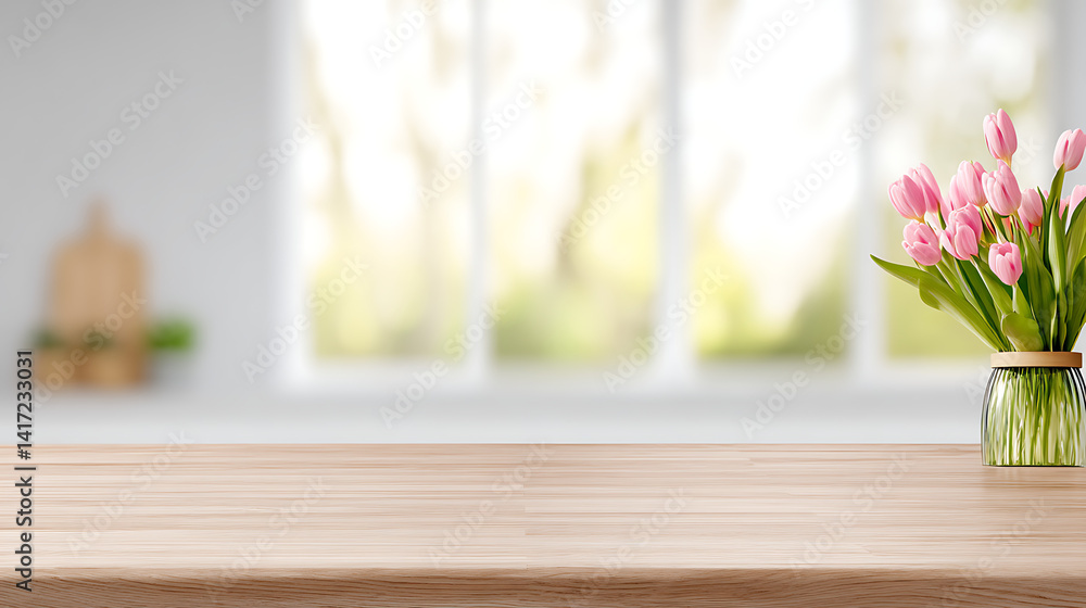 Poster light empty board against the background of a blurred light spring kitchen with tulips in a scandina