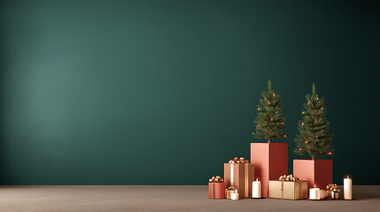 Christmas podium displaying with christmas trees gift boxes and candles illuminating a dark green wall for product placement. Ideal for business events or promotions with space for text or products