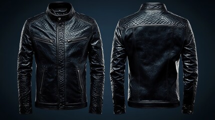Stylish black leather jacket: front and back views on dark blue background fashion apparel mockup for designers and retailers