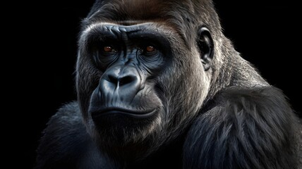 Obraz premium A silverback gorilla portrait, intense gaze, black background, monochrome fine art style, detailed skin and fur texture, dramatic lighting,Generative Ai 