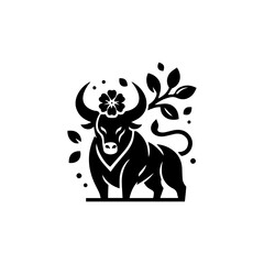 Naklejka premium Majestic Bull Emblem: A striking emblem featuring a regal bull, adorned with a crown, embodies strength and authority. A symbol of power and heritage.