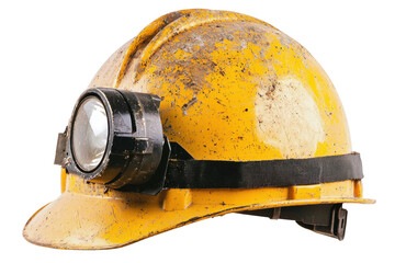 Worn miner's hardhat isolated on PNG transparent background, cut out