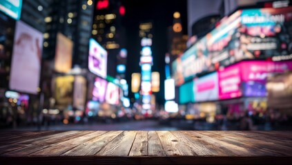 Vibrant City Night: Exploring Illuminated Urban Streetscapes with Wooden Tabletop Display