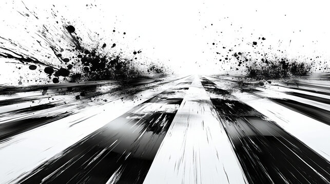  black and white race track with splashes of paint in the background, a 3D illustration.