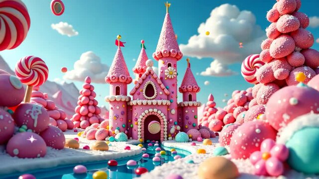 Whimsical Pink Candy Castle in a Sugary Dreamland with Floating Sweets and Candies
