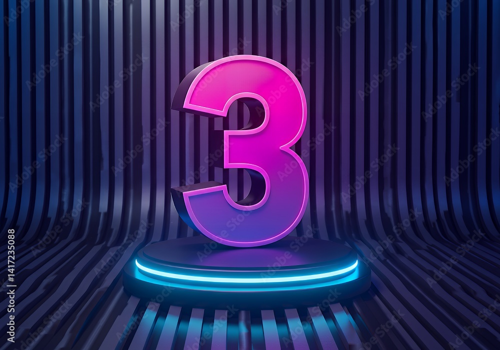 Aufkleber number three neon light display on a stage with striped background for graphic design and promotion 