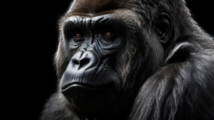 Obraz premium A silverback gorilla portrait, intense gaze, black background, monochrome fine art style, detailed skin and fur texture, dramatic lighting,Generative Ai 