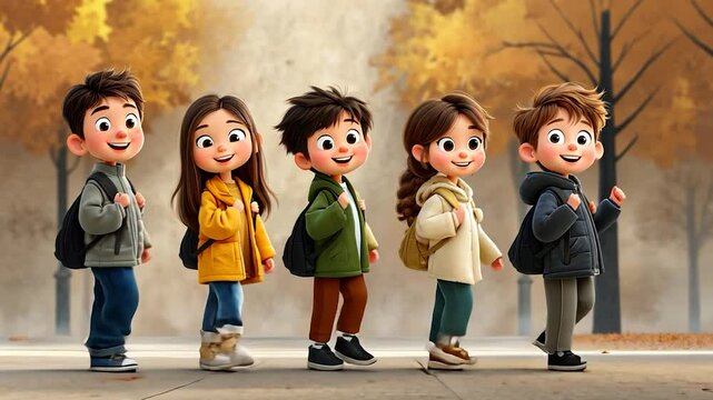 Cartoon kids walk. Fall season, backpacks, smiling faces, cute