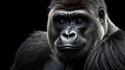 Obraz premium A silverback gorilla portrait, intense gaze, black background, monochrome fine art style, detailed skin and fur texture, dramatic lighting,Generative Ai 