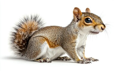 Obraz premium A grey squirrel sits on a white background, looking to the right with its bushy tail behind it.