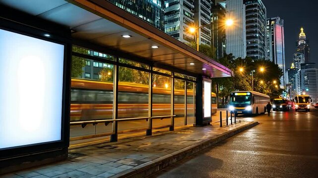 City bus stop at night, people walk past lit advertising signs