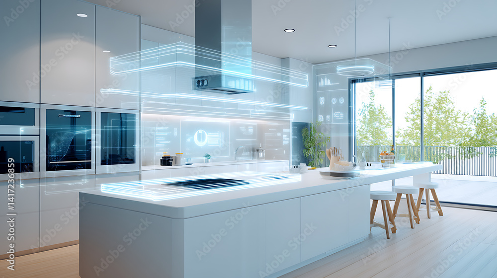 Poster futuristic smart kitchen with advanced holographic interface touch screen controls and high-tech des