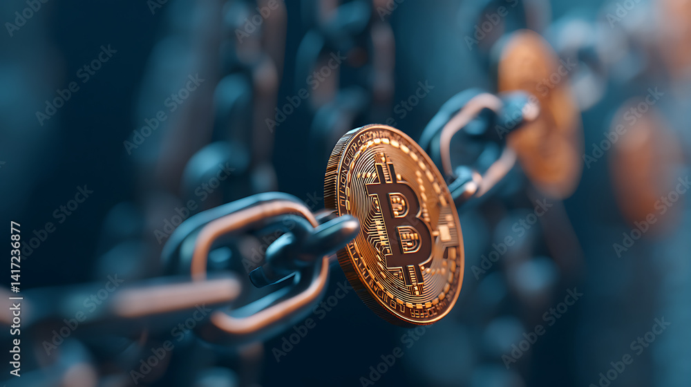 Poster bitcoin cryptocurrency blockchain technology futuristic digital finance concept with chains and lock