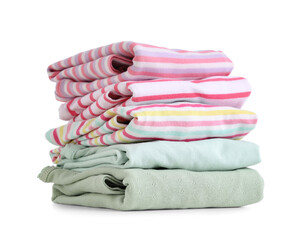 Stack of clean folded clothes isolated on white background
