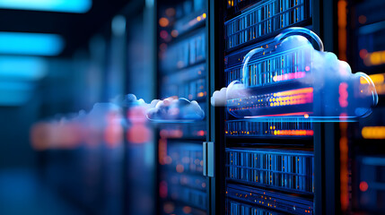 Secure cloud computing technology and server network infrastructure concept showcasing digital data storagehosting online informationand communication business technology solutions and innovation.