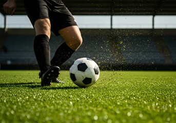 Soccer football player kicking ball on field stadium grass for sport training and competition match game