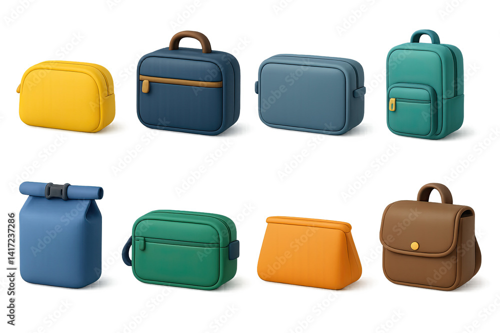 Poster minimalist 3d backpack and bag icons set for ui design and branding