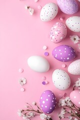 Fototapeta premium Festive pastel eggs with a light, springtime charm arranged on a soft pink backdrop, complemented by delicate flowers, for a cheerful and inviting spring vibe.