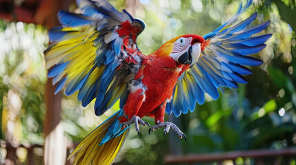 Obraz premium Vibrant parrot flapping its colorful wings in lush tropical setting, showcasing its vivid red, blue, and yellow feathers