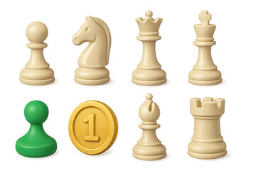 3d chess icons set: pawn, knight, queen, king, rook, bishop, coin