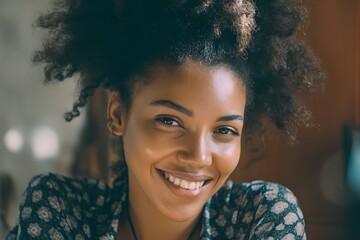 A portrait of radiant Black woman with captivating expression, expressing genuine emotion. Capturing her joy and beauty, while highlighting the natural look.