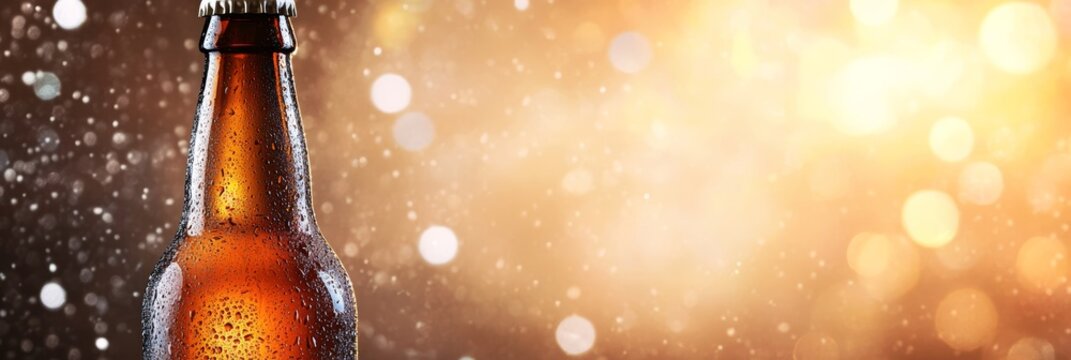 Icy cold beer bottle with water droplets on surface and blurred bokeh background refreshing alcoholic beverage concept for bar restaurant summer advertisement celebration