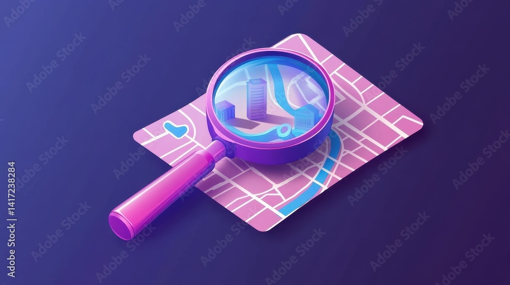 Poster map inside magnifier flat icon. magnifying glass with handle zooming fragment of a navigational map 