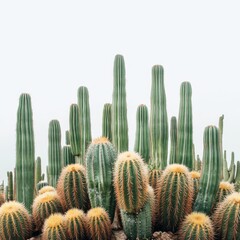 A group of cacti with varying sizes and shapes stand in a desert environment against a white background.
