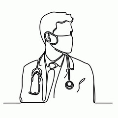 Continuous line drawing of a doctor wearing a mask with a stethoscope on a plain background