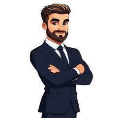 Confident businessman in a suit, arms crossed, perfect for illustrating professionalism and success.