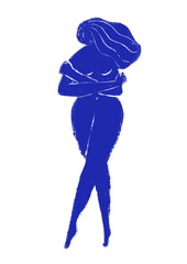 Art Abstract Woman Shape Contemporary Artwork. Minimal Botanic Female Poster with Self-Care Postures. Flat Vintage Matisse-Blue Inspired Vertical Interior Decor. Feminine Character  Rough Forms Design