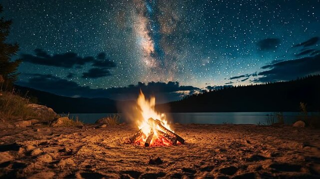 Captivating campfire under a mesmerizing night sky with twinkling stars and milky way galaxy
