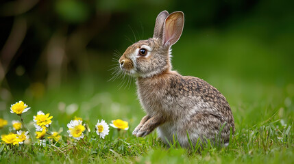 curious rabbit stands alert in grassy field surrounded by yellow and white flowers