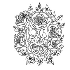 Floral Skull Black And White Outlines Vector Art