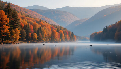 Fototapeta premium Quebec Laurentian Forest – Maple-covered hills blaze in autumn fire, mirrored in still lakes as loons call through the crisp morning air.