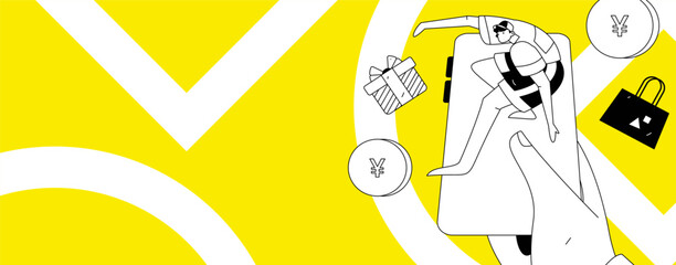 Holiday shopping people doing e-commerce online shopping flat vector concept operation hand drawn illustration
