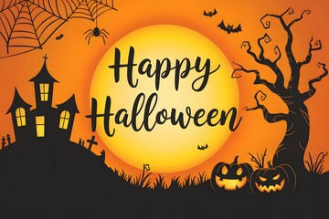 A halloween themed image with a haunted house and happy halloween text
