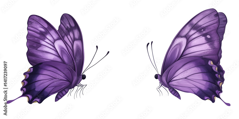 Poster purple butterflies with intricate wing patterns and delicate antennae, showcasing vibrant colors and