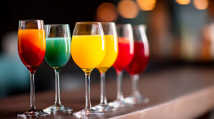 Five colorful cocktails in wine glasses lined up at a barvibrant tones of green red yellowblueorangefestive drink variety concept for nightlife party celebration themes.bannercopy space  
