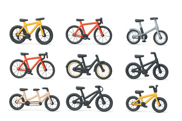 Obraz premium Set of 3d bicycle icons featuring various bicycle types in vibrant colors