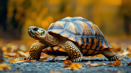 Obraz premium turtle with beautifully patterned shell crawls slowly across leaf strewn path in autumn