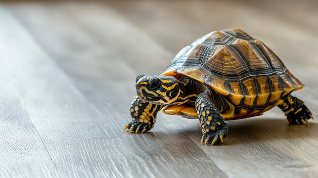 turtle with patterned shell slowly crawls across wooden floor, showcasing its intricate design