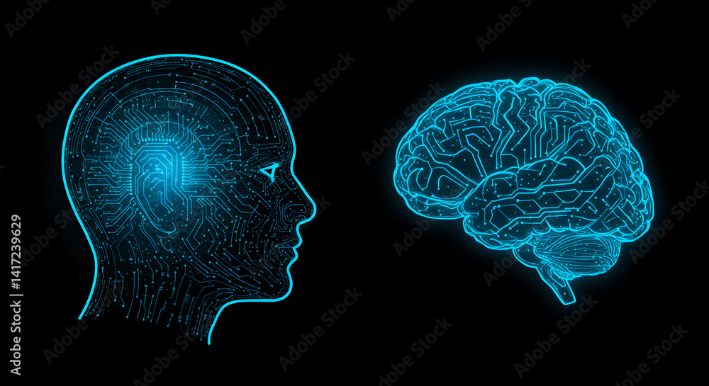 Poster glowing outlines depict a man's head and human brain connected by digital circuit. concept of artifi