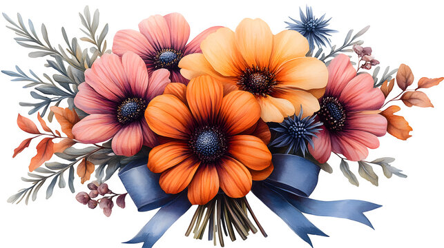 handcrafted flower bouquet with ribbon, realistic petals, isolated on white background