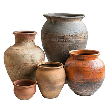 Artistic group of clay pots png dynamic earthy ceramic collection png captivating artisan pottery group transparent background image