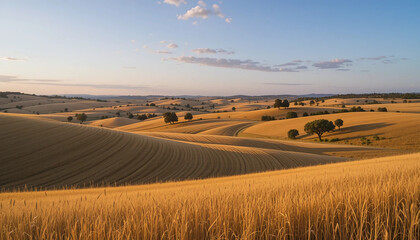 Fototapeta premium Alentejo Rolling Fields – Golden plains ripple beneath soft winds and cork oaks, fading into lavender skies and the hush of late summer.