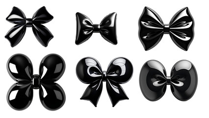 A perfectly symmetrical, glossy, inflated, and voluminous black bow shape, designed in a sleek and shiny style, placed against a pure white background. The heart has a smooth and reflective surface